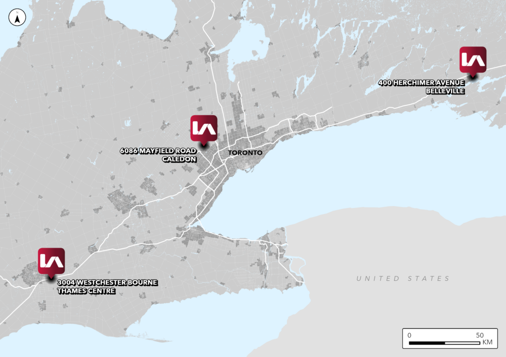 Location overview of new land listings in Thames Centre, Caledon, and Belleville